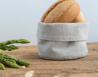 Linen bread basket, Organic Cloth storage bag, Fabric round bowl, Flax plant pot, Burlap restaurant bread bin, Small rustic table basket
