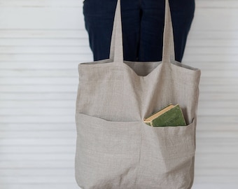 Natural Linen Shoulder Bag, Market Tote with Zippered Pocket