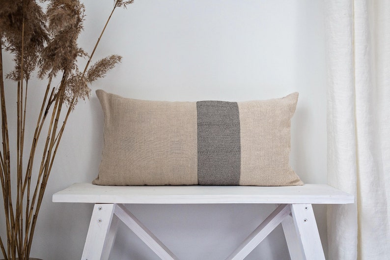 Linen lumbar pillow case, Color block pillow cover, Minimal striped linen pillow cover, Decorative pillow, Custom lumbar pillow cover image 2