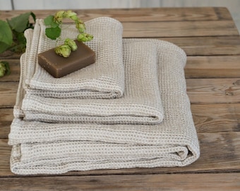 Linen Waffle Bath Towel, Cotton Hand Towels Set, Sauna SPA Sheet Towel, Farmhouse Bath Towel With Hanging Loop, Eco Towel