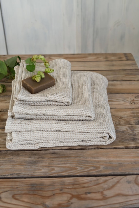 Natural Linen Waffle Kitchen Towels, Hand Towels Set With Loop