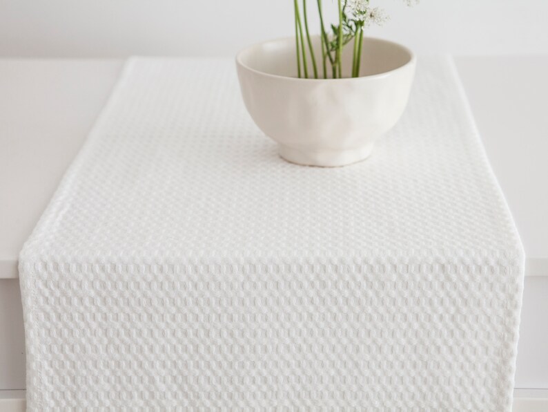 White Linen Table Runner, Waffle Weave Wedding Tabletop Covering, Simple Minimalist Everyday Holiday Decorative Long Table Runner image 4