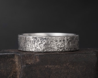 Rustic Oxidized Sterling Silver Wedding Band - Hammered Rock Texture 6mm