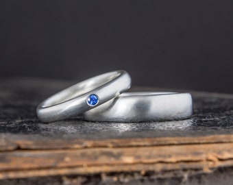 Sapphire wedding band set, Sapphire ring, Sterling silver his and hers wedding rings, 5mm and 3mm wide, handmade, matt finish, satin finish