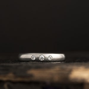 Diamond silver ring, diamond wedding band, trilogy ring, flush set ring, 3 stone ring, petite wedding band, dainty stone ring