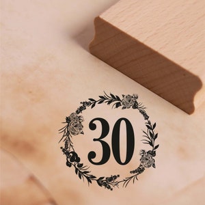 Motief Stempel Verjaardag 30 Jaar Verjaardag Nummer Vintage Krans Rose Stempel 48 x 48 mm - Houten Stempel Gift Huwelijksverjaardag Celebration Party Company