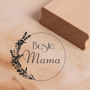 Sello con motivo Best Mom - Guirnalda de puntos Flores lilas Sello de corazón 48 x 45 mm - Sello de madera Regalo Día de la madre Cumpleaños Regalo del día de la madre