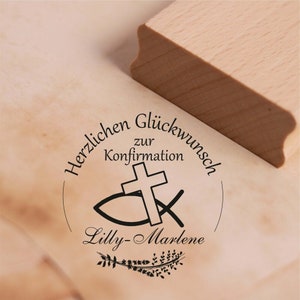 Stempel Herzlichen Glückwunsch zur Konfirmation - mit Name - Motiv Christenfisch Kreuz Motivstempel 38 x 38 mm Holzstempel Kirche Geschenk