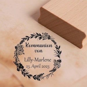 Stempel Kommunion von - mit Name und Datum - Motiv Vintage Rosen Kranz Motivstempel 38 x 38 mm Holzstempel Kirche Geschenk Geschenkidee
