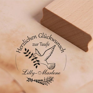 Tampon félicitations pour le baptême avec prénom - motif couronne de colombe tampon 38 x 38 mm tampon en bois cadeau église cadeau baptême bébé
