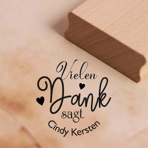 Sello con motivo Gracias dice con motivo de corazón - incluye nombre Sello personalizado Ø 48 mm Sello de madera hecho a mano gracias gracias gracias