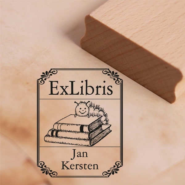 Ex Libris Postzegelboek Caterpillar met naam - Vintage lijst - Ex Libris Motif Stamp 38 x 48 mm - Ex Libris Cadeau Idee Boeken Boek Kinderen School