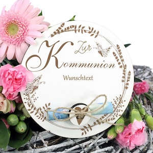 Geldgeschenk Kommunion inkl. Wunschtext Name - Vintage Kranz Motiv mit Juteband und Herz Knopf Ø 13 cm - Geschenkidee Geld Gutschein Deko