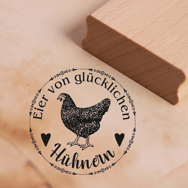 Stempel Eier von glücklichen Hühnern - Motiv schwarzes Huhn - Motivstempel für Eierkarton Eierschachtel Eierverpackung 68x68mm - Holzstempel