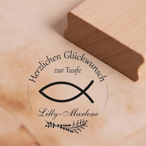 Tampon félicitations pour le baptême avec nom - tampon chrétien motif couronne de poisson 38 x 38 mm tampon en bois cadeau église bébé Christ