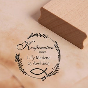 Stempel Konfirmation von - mit Name und Datum - Motiv Christenfisch Schmetterling Vintage Kranz 38x38 mm Holzstempel Kirche Geschenk