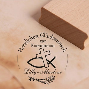 Stempel Herzlichen Glückwunsch zur Kommunion - mit Name - Motiv Christenfisch Kreuz Motivstempel 38 x 38 mm Holzstempel Kirche Geschenk