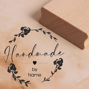 Timbro con motivo ghirlanda vintage fatta a mano con nome - timbro a cuore personalizzato - 48 x 47 mm - timbro in legno scrapbooking goffratura stampaggio