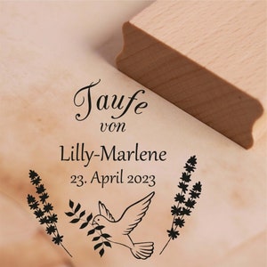 Stempel Taufe von - mit Name und Datum - Motiv Taube Motivstempel 38 x 38 mm Holzstempel Kirche Geschenk Baby Taufgeschenk Vintage Lavendel