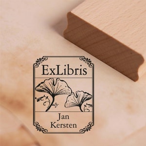 Tampon Ex Libris Ginkgo avec nom - Cadre vintage - Tampon motif Ex Libris 38 x 48 mm - Idée cadeau ex-libris Livre - Nature Plante