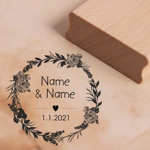 Motivstempel Rosen Vintage Kranz Hochzeit Namen + Datum Herz Stempel Hochzeitsstempel personalisiert - Holzstempel Scrapbooking Embossing