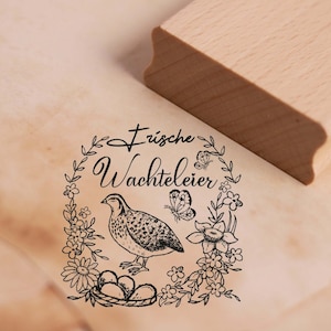 Stempel Frische Wachteleier - Motiv Wachtel mit Blumen - Motivstempel für Eierkarton Eierschachtel Eierverpackung - 68x68mm - Holzstempel