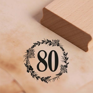 Motivstempel Jubiläum 80 Jahre Geburtstag Zahl Vintage Kranz Rosen Stempel 48 x 48 mm - Holzstempel Geschenk Hochzeitstag Feier Party Firma