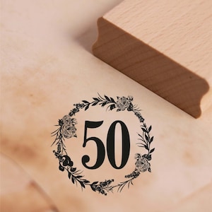 モチーフスタンプ 記念日 50歳 誕生日 数字 ヴィンテージ リース バラスタンプ 48×48mm - 木製スタンプ ギフト 結婚記念日 お祝い パーティー 会社