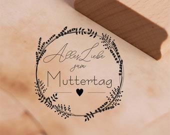 Motivstempel Alles Liebe zum Muttertag - Vintage Kranz Lavendel Herz Stempel 47 x 48 mm - Holzstempel Geschenk Mama Muttertagsgeschenk