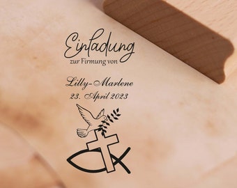Stempel Einladung zur Firmung von - mit Name und Datum - Christenfisch Taube Kreuz 28x58mm - Holzstempel Motivstempel personalisiert