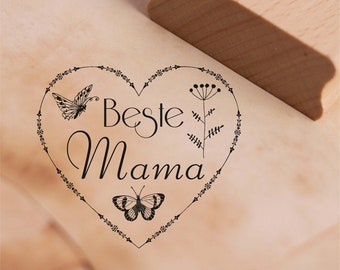 Motivstempel Beste Mama Herz - Schmetterlinge Blume Stempel 48 x 42 mm - Holzstempel Geschenk Mama Geburtstag Muttertag Muttertagsgeschenk