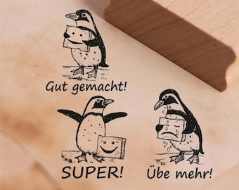 Lehrerstempel Pinguin im Set - 3 Motivstempel mit Spruch und Motiv für Schule ca. 28 x 28 mm - Lehrer Bewertung Note Grundschule gut super