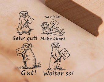 Lehrerstempel Erdmännchen im Set - 4 Motivstempel mit Spruch und Motiv für Schule ca. 28 x 28 mm - Schüler Grundschule Lehrer Bewertung Note