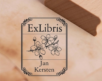 Ex Libris Stempel Kirschblüte mit Name - Vintage Rahmen - Exlibris Motivstempel 38 x 48 mm - Exlibris Geschenkidee Bücher Buch - Frühling