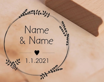 Motivstempel Vintage Kranz Hochzeit Namen + Datum Herz Stempel Hochzeitsstempel personalisiert - Holzstempel Scrapbooking Embossing Stempeln