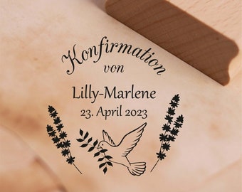 Stempel Konfirmation von - mit Name und Datum - Motiv Taube Motivstempel 38 x 38 mm Holzstempel Kirche Geschenk Geschenkidee Lavendel