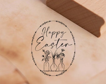 Motivstempel Happy Easter - Osterei mit Blumenvasen Stempel Ostern 38 x 48mm - Holzstempel Scrapbooking Embossing Osterstempel Ostergeschenk