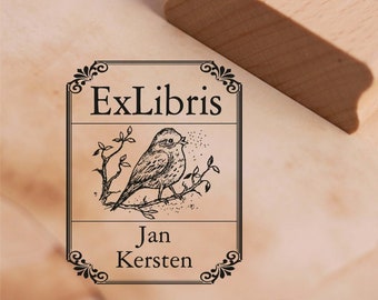 Ex Libris Stempel Singender Vogel mit Name - Vintage Rahmen - Exlibris Motivstempel 38 x 48 mm - Exlibris Geschenkidee Bücher Buch Frühling