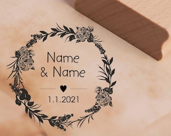 Motif Stamp Roses Vintage Wreath Wedding Name + Date Heart Stamp Wedding Stamp Personalized - Wooden Stamp Scrapbooking Embossing
