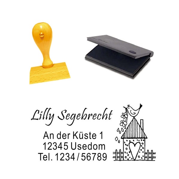 Stempel Vogelhaus Herz - mit Name Adresse ca. 50 x 30 mm - inkl. Stempelkissen - Adressenstempel Adressstempel Familie Liebe Herz Oma Mama