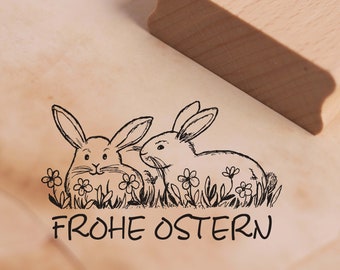 Stempel Frohe Ostern - zwei Hasen im Gras - Motivstempel ca. 48 x 28 mm - Scrapbooking Holzstempel - Osterstempel Osterhasen Frühling Blumen