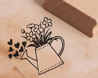 Stempel Blumen Gießkanne mit Herzen • Motivstempel • 38 x 38 mm • Holzstempel Scrapbooking Embossing Stempeln • Florist Gärtner Mama Oma