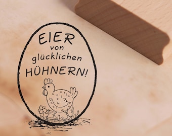 Stempel Eier von glücklichen Hühnern! • Huhn Wiese Motivstempel • ca. 28 x 38 mm • Holzstempel Hühner Ei • Eierkarton Bauer Landwirt Öko Bio