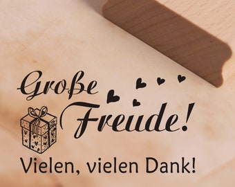 Stempel Große Freude, vielen vielen Dank - Geschenk Herzen Motivstempel 48 x 28 mm • Holzstempel Scrapbooking • Liebe Dankeschön Dank Danke