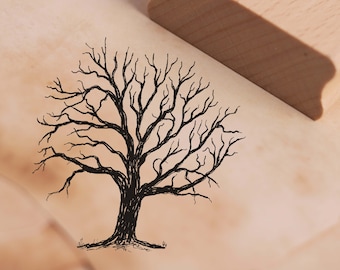 May include: A black and white illustration of a bare tree with branches reaching out in all directions. The tree is drawn on a light brown paper background.