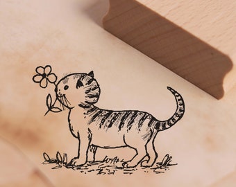 Stempel Katze mit Blume - Motivstempel ca. 38 x 27 mm - Scrapbooking Holzstempel Tierstempel Katzenstempel Kindergarten Schule - Kater