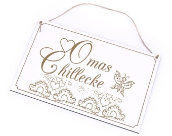 Schild Omas Chillecke - Raupen Herzen Schmetterling Shabby Türschild • 26x16 cm • zum Anhängen • Deko Dekoration Dekoschild Geschenk Oma