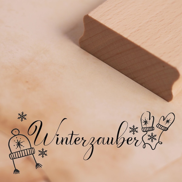 Stempel Winterzauber - Hygge Winter Motivstempel ca. 98 x 38 mm - Scrapbooking Holzstempel Embossing - Winter Schnee Handschuhe Mütze Kinder