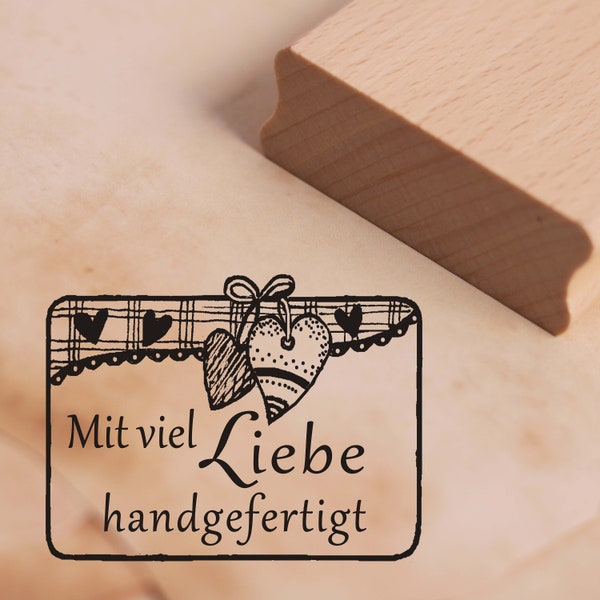 Stempel Mit viel Liebe handgefertigt - Karo Etikett Herz ca. 48 x 37 mm • Holzstempel Scrapbooking Stempeln Basteln • Handarbeit handmade