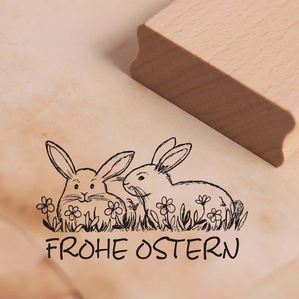 Stempel Frohe Ostern - zwei Hasen im Gras - Motivstempel ca. 48 x 28 mm - Scrapbooking Holzstempel - Osterstempel Osterhasen Frühling Blumen